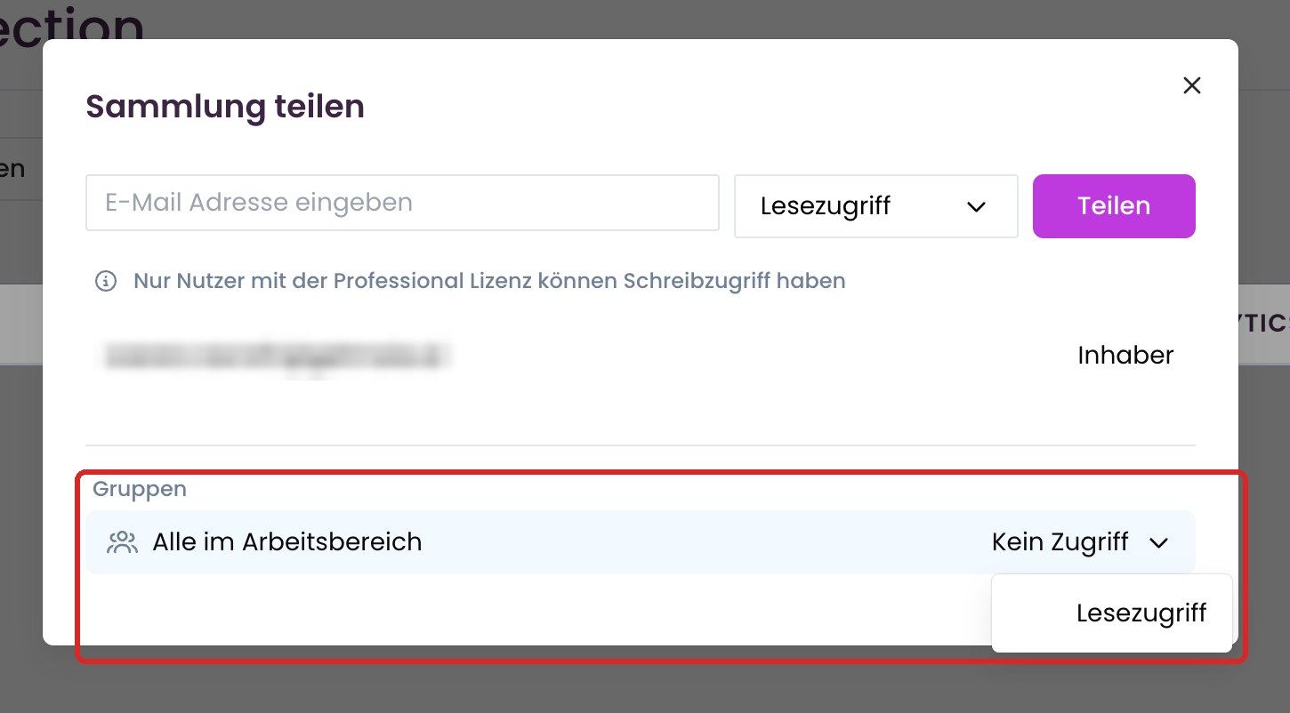 Dialog „Sammlung teilen“ mit der Gruppe „Alle im Arbeitsbereich“
