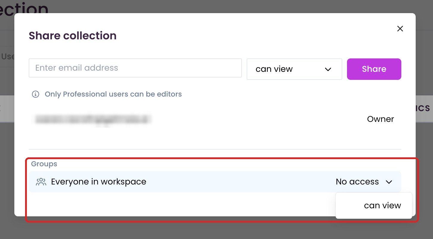 “Share collection” dialog with the “Everyone in workspace” group