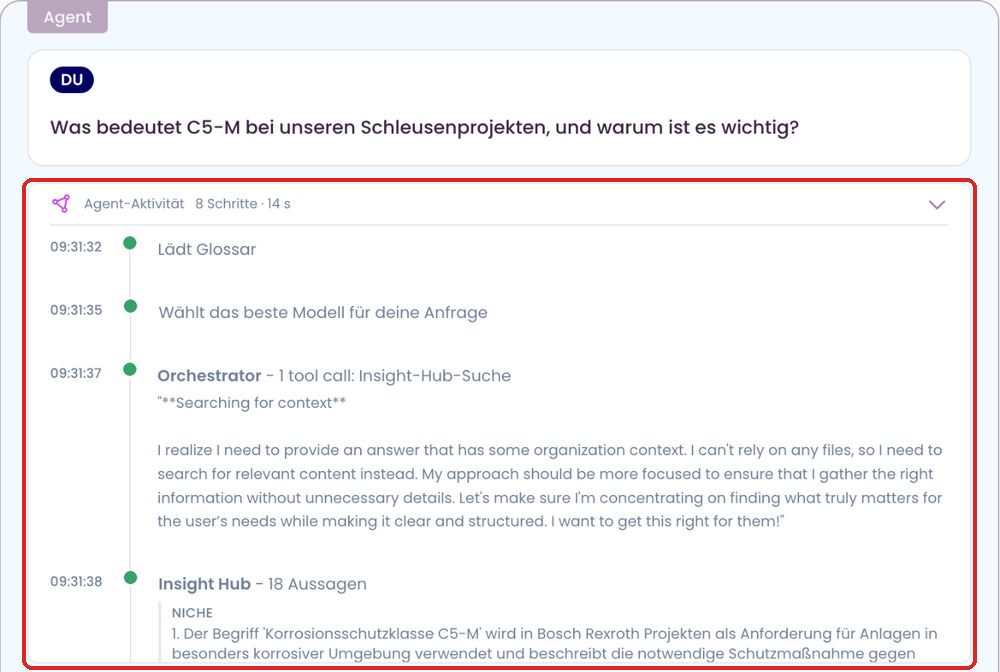 Aufgeklappte Agent-Aktivität mit Zeitleiste der Schritte