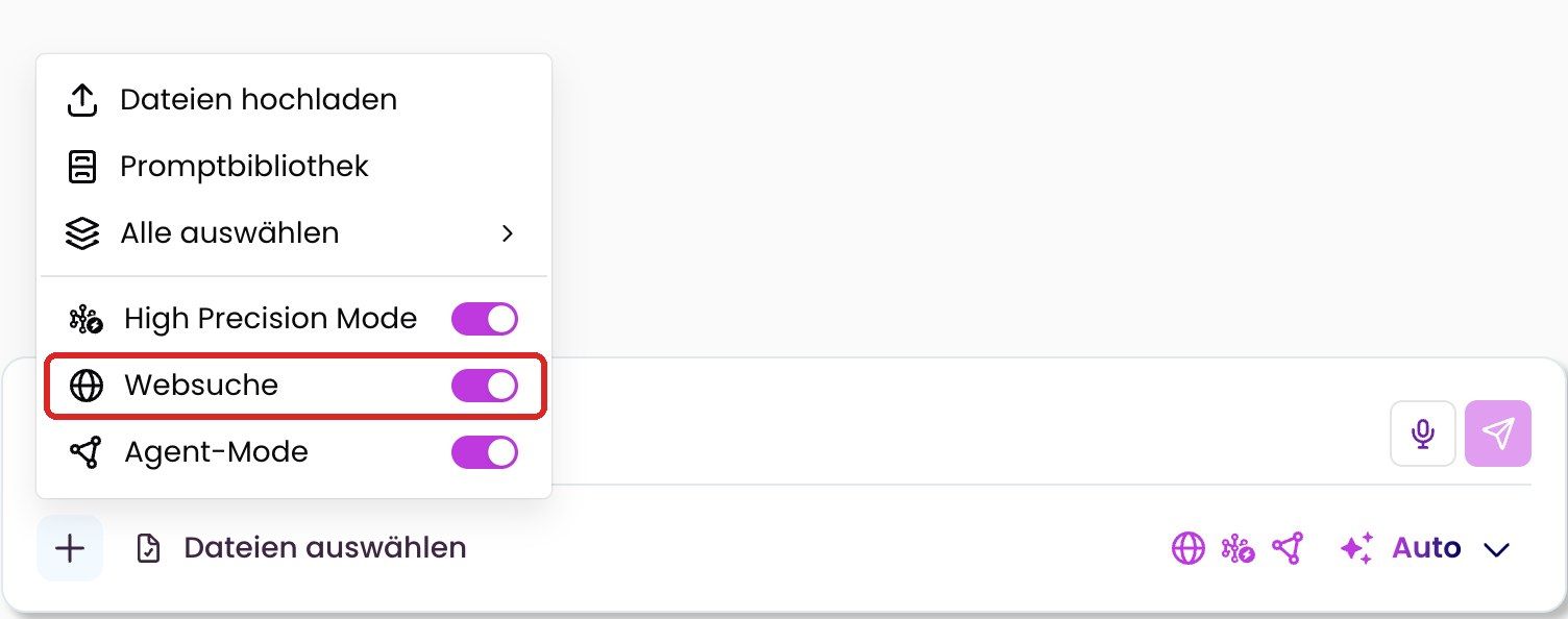 Menü „+“ mit dem Schalter „Websuche“