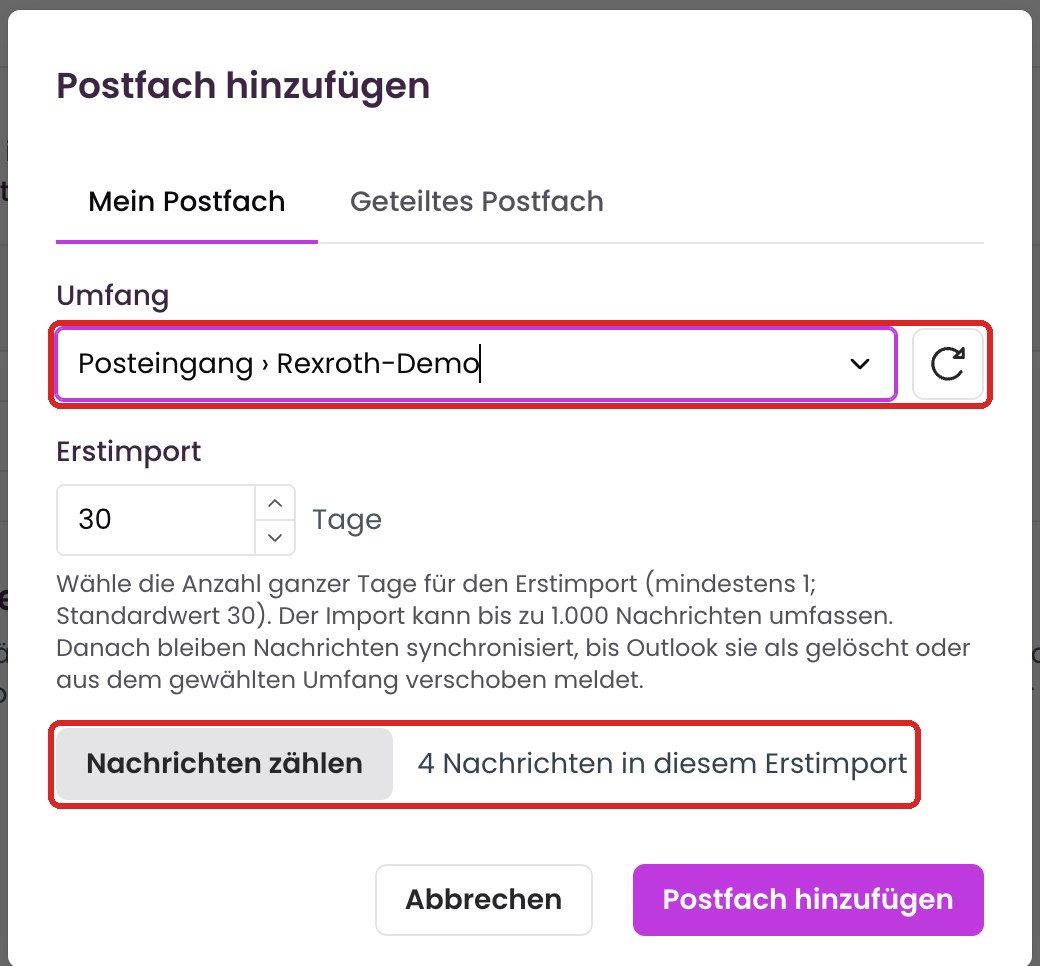 Dialog „Postfach hinzufügen“ mit Umfang und Erstimport