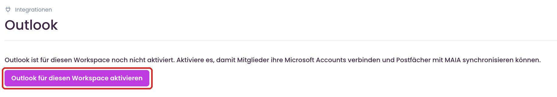 Outlook page with the button to enable Outlook for the workspace (German interface)