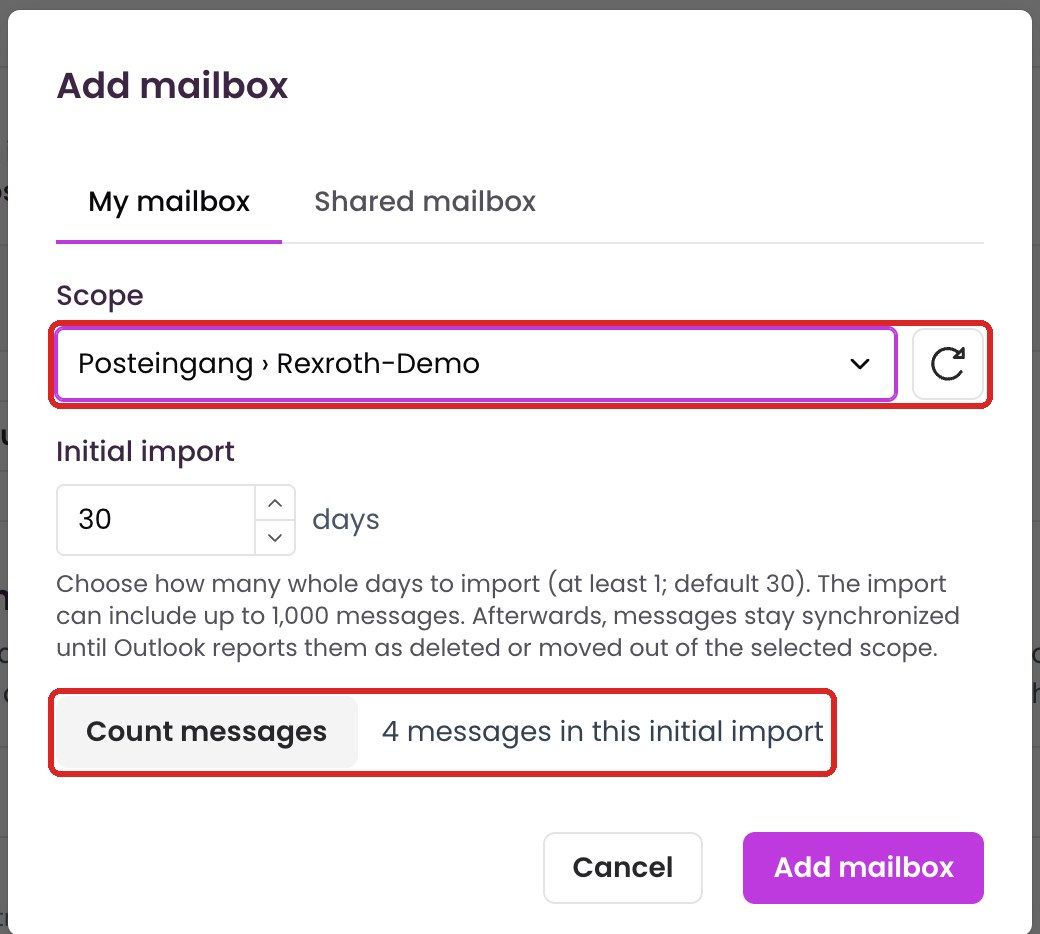 “Add mailbox” dialog with scope and initial import