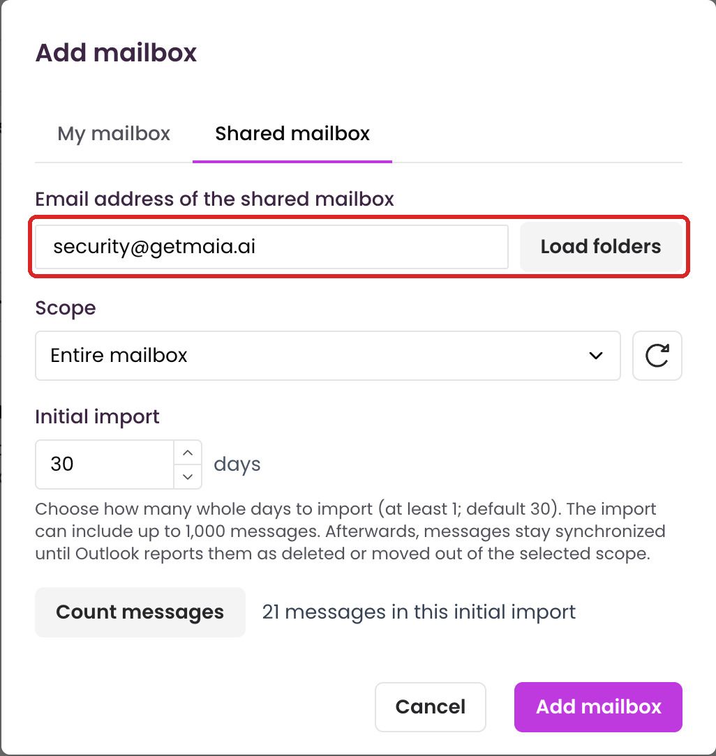 “Shared mailbox” tab in the “Add mailbox” dialog